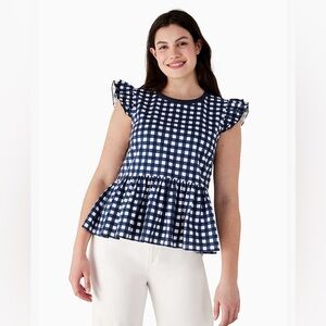 Kate spade gingham blue white ruffle peplum tee size extra small